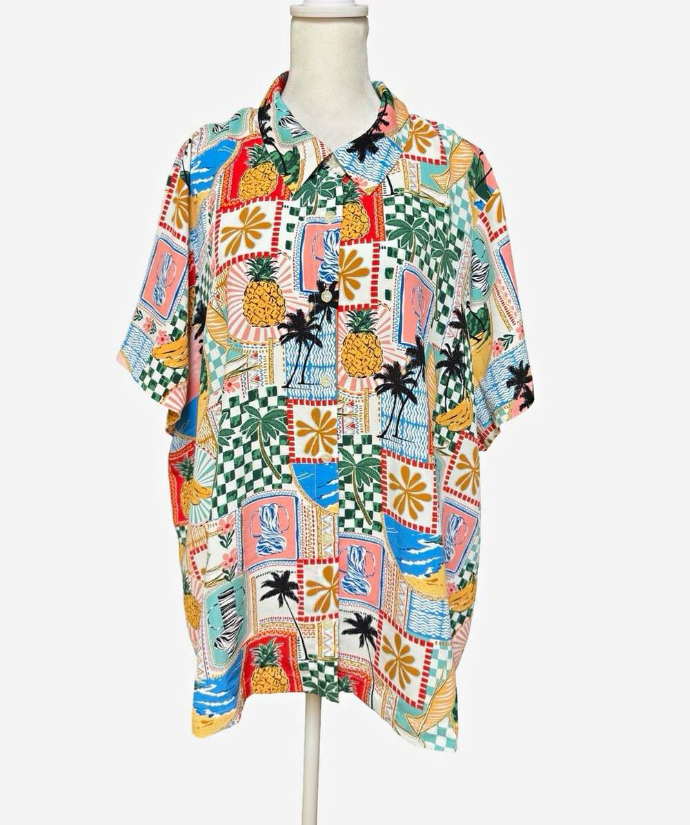 Skies Are Blue Men’s 2X Big & Tall Off White Tropical Graphic Button-Up Shirt